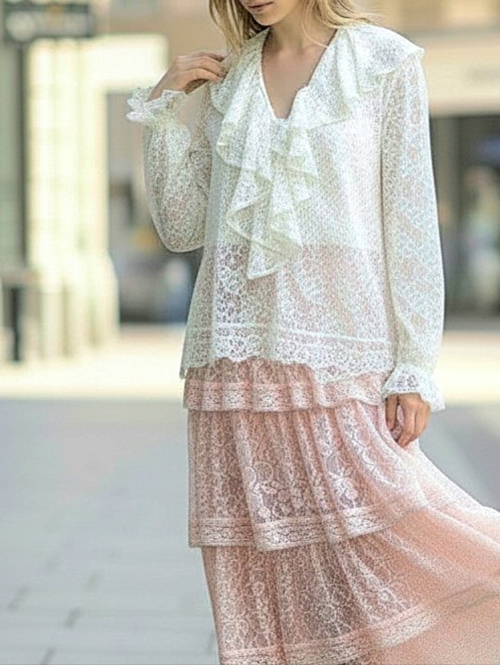 Vtg 70s Sheer Lace Open Poet Jacket Ruffled Sz 14 Shabby Chic Cottagecore
